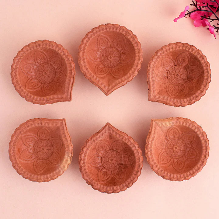 Mitti Diya festive Decor Handmade  Crafting Flower Brown Clay Diyas Diwali