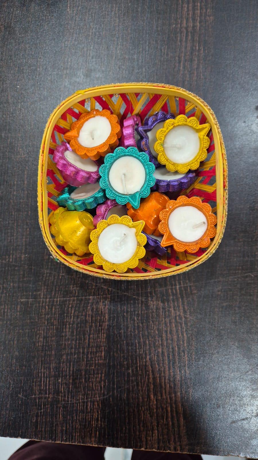 Handcrafted Decorative Diya Tealight Candle Set Diwali Gift – 10 Colorful Wax-Filled Clay Diyas in Gift Basket – Perfect for Diwali, Festive Decor & Gifting
