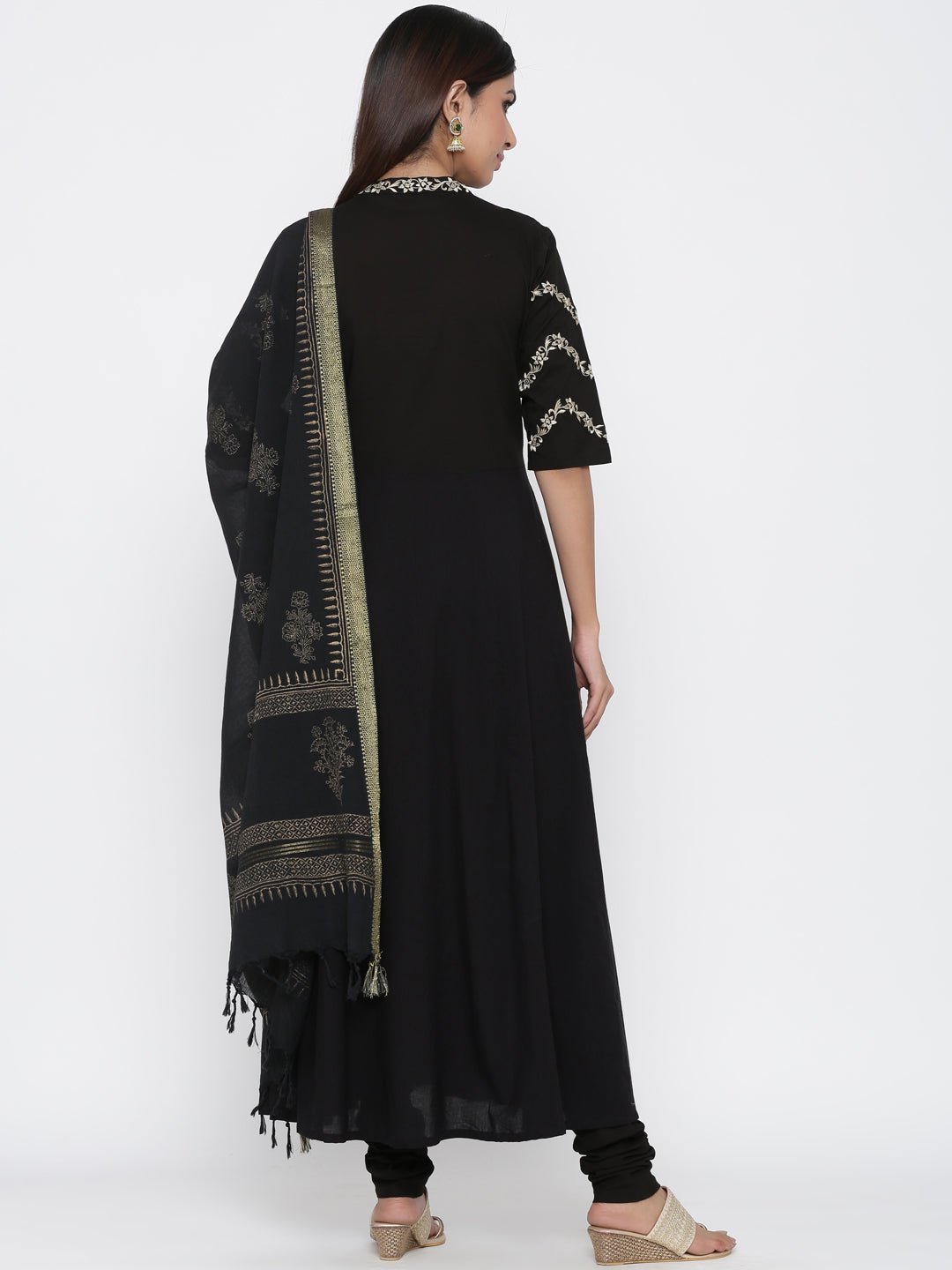 Black & Gold Anarkali Cotton Chanderi Suit Set - DWEEP SARA