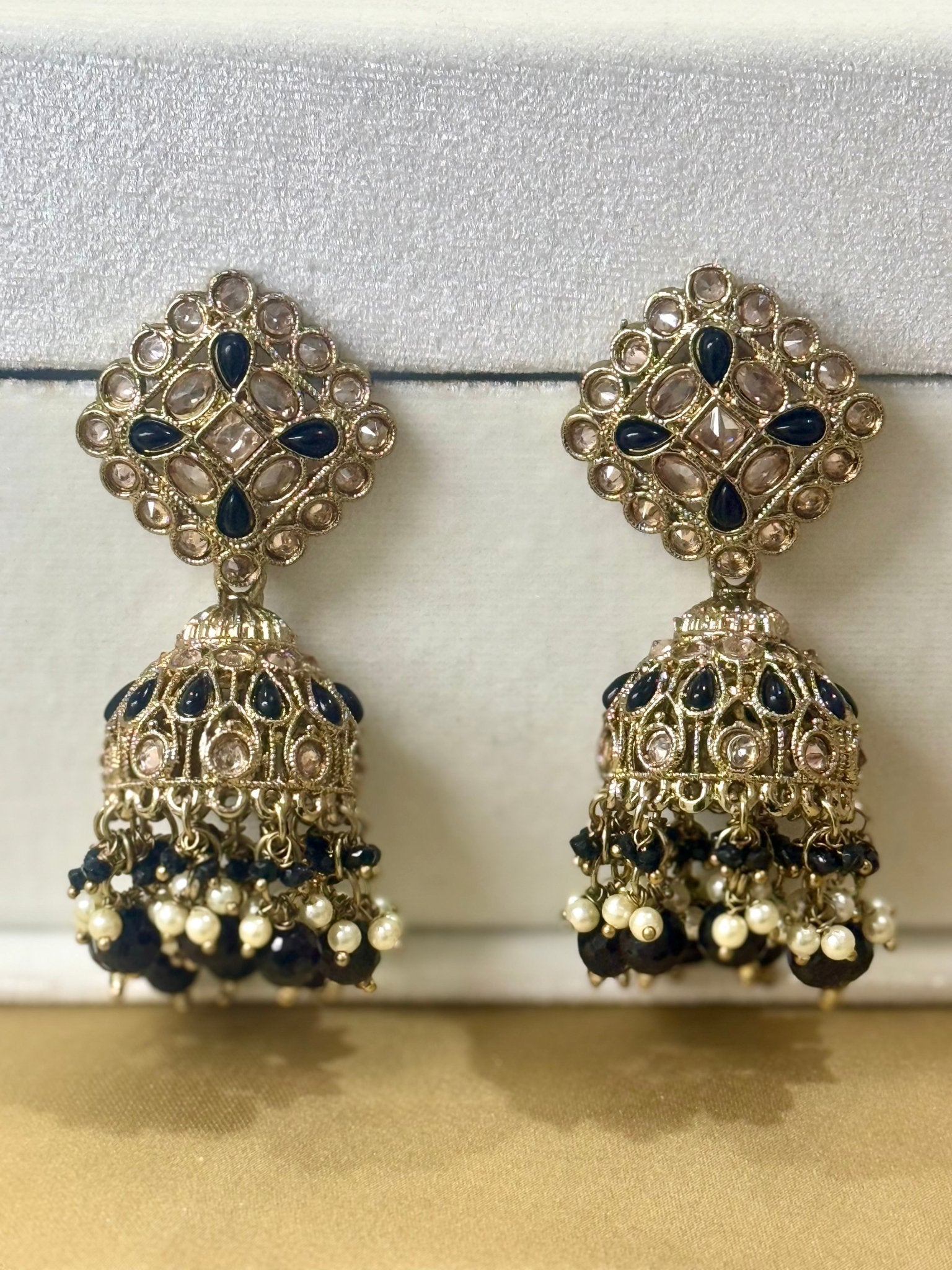 Black Kundan Pearl Jhumki Earrings - DWEEP SARA