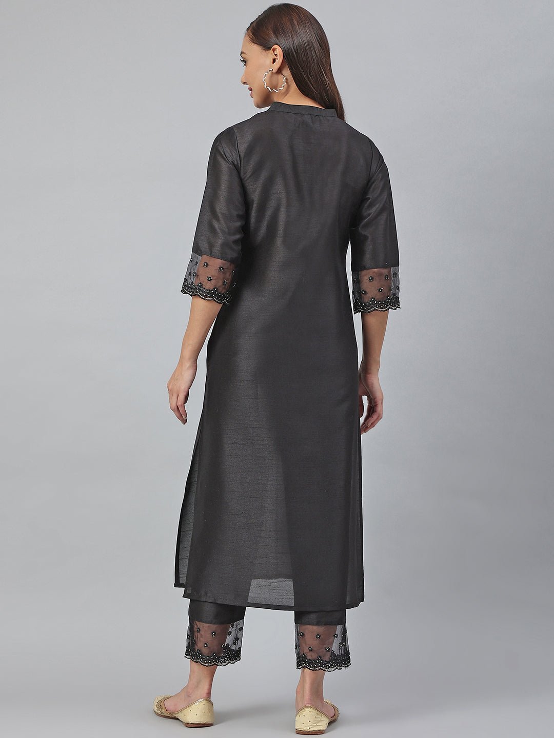 Black Poly Silk Embroidered Kurta Pant Set - DWEEP SARA