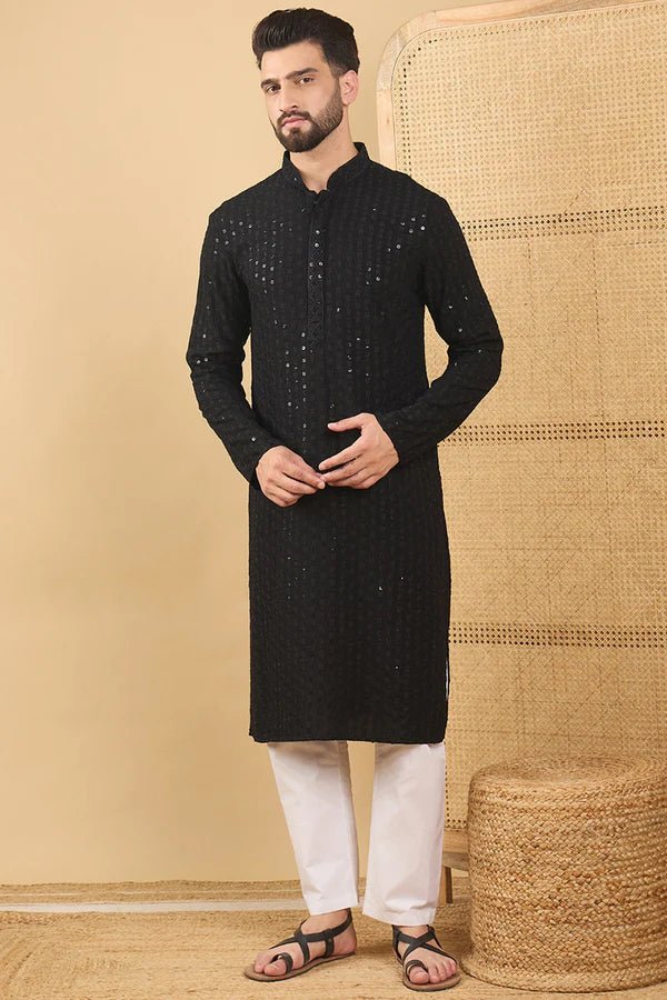 Black Viscose Rayon Solid Embroidered Straight Mens Kurta - DWEEP SARA