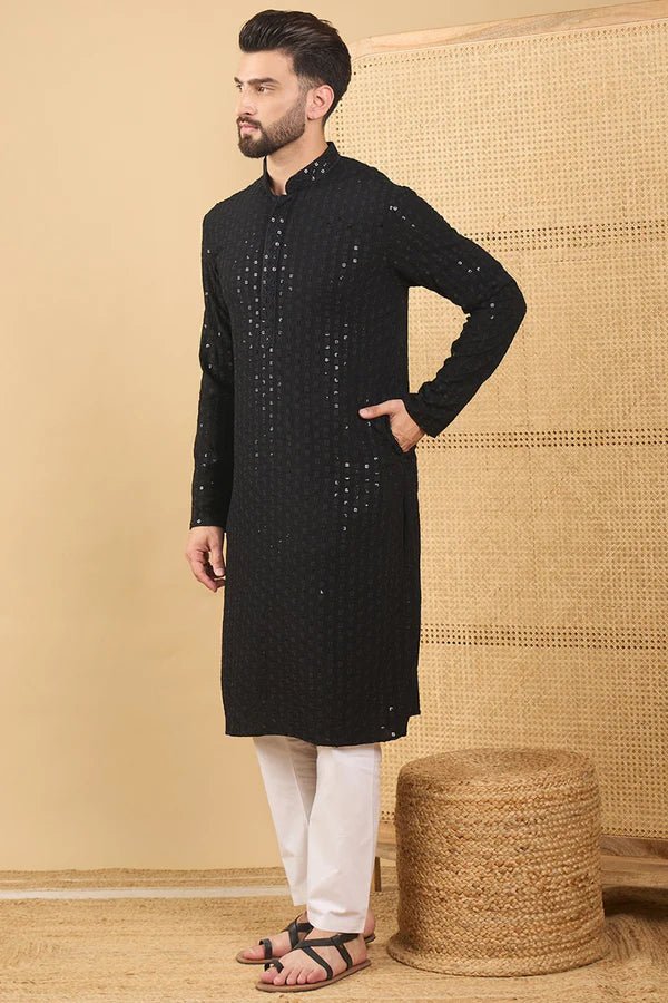 Black Viscose Rayon Solid Embroidered Straight Mens Kurta - DWEEP SARA