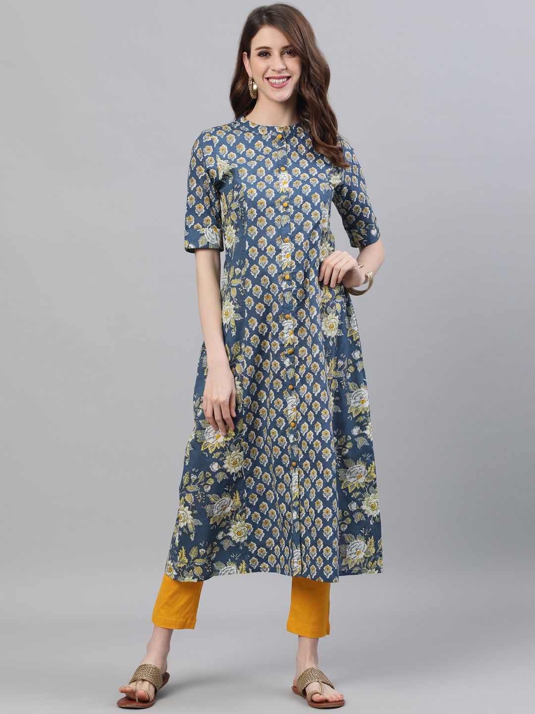 Blue Floral Printed Kurta - DWEEP SARA