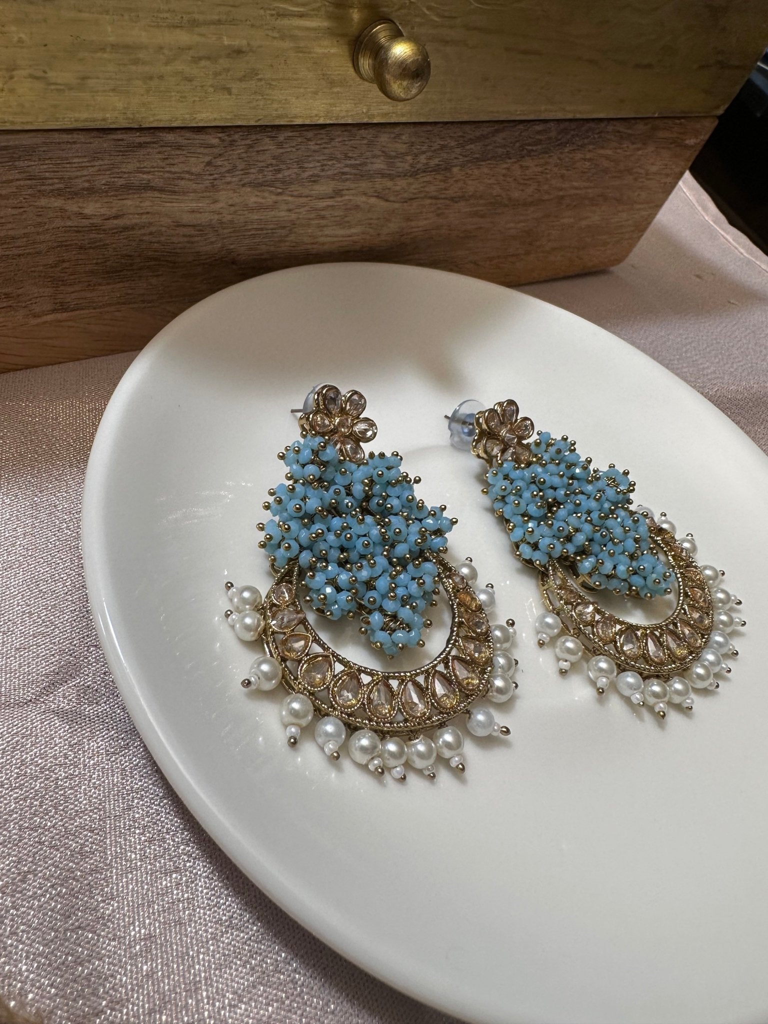 Blue Kundan Pearl Gold Plated Earrings - DWEEP SARA