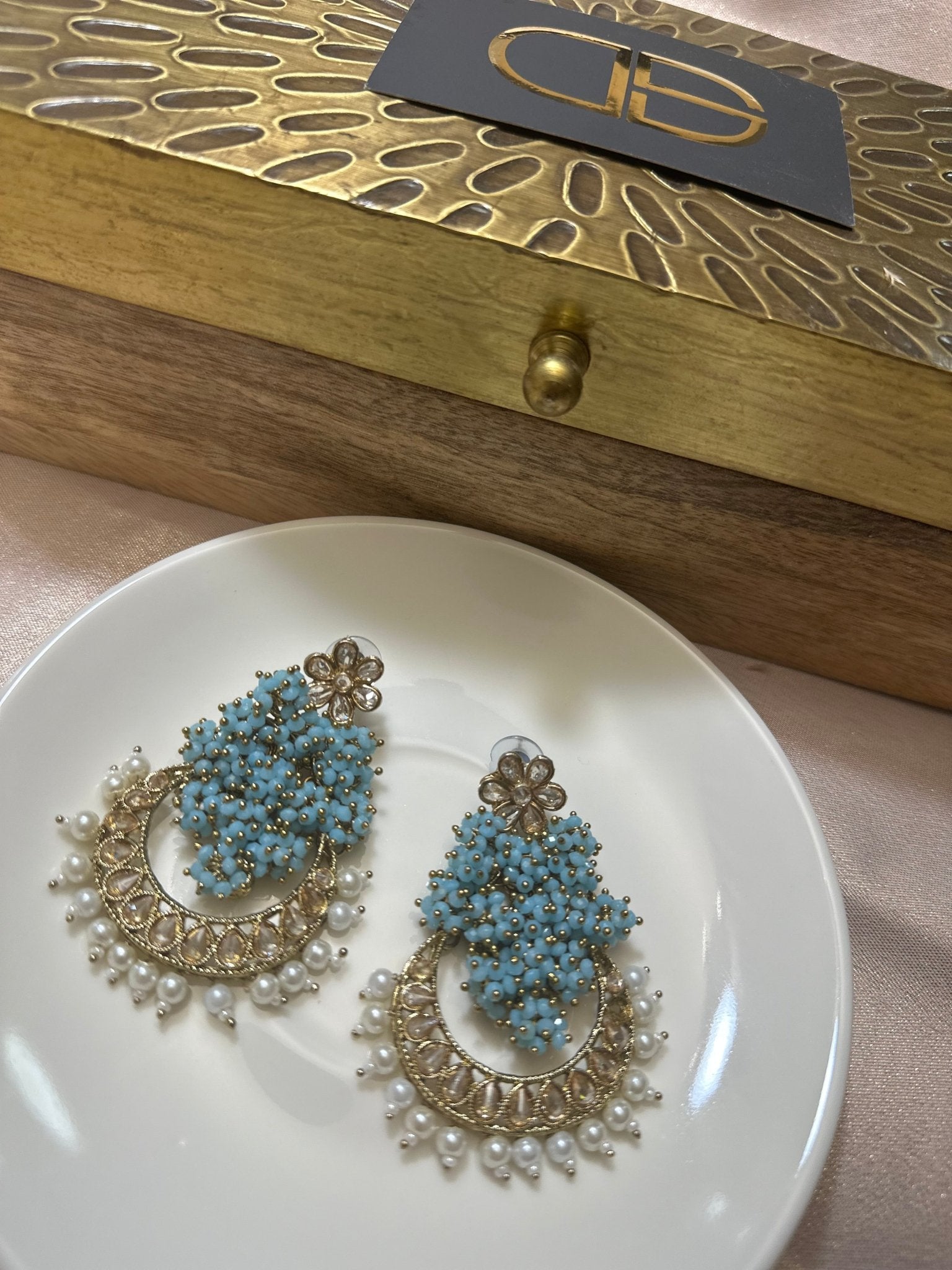 Blue Kundan Pearl Gold Plated Earrings - DWEEP SARA