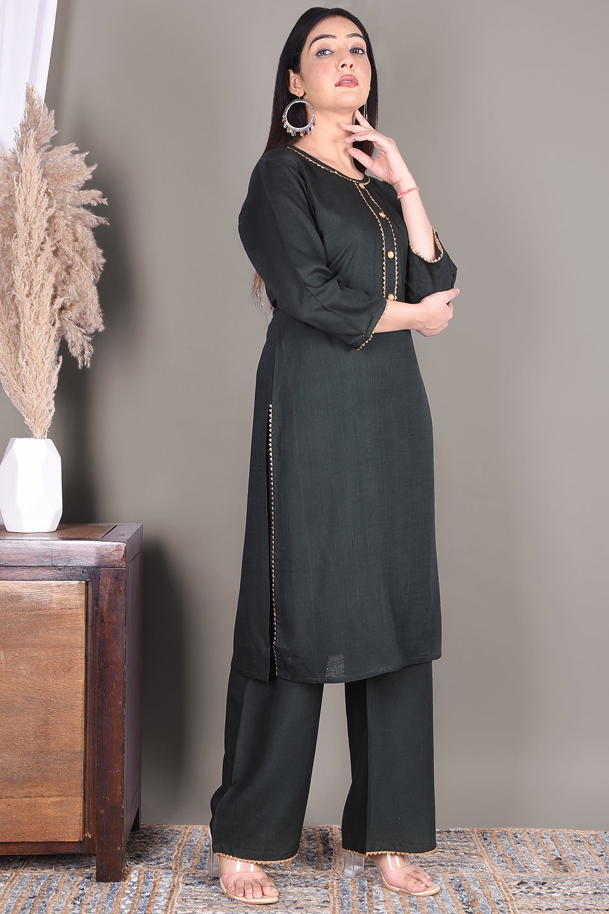 Bottle Green Solid Rayon Kurta Plazzo Set - DWEEP SARA