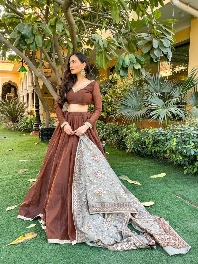 Brown Chanderi Lehenga Set - DWEEP SARA