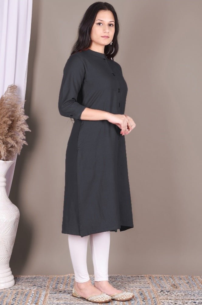 Charcoal Grey Solid Cotton Kurta With Pockets - DWEEP SARA