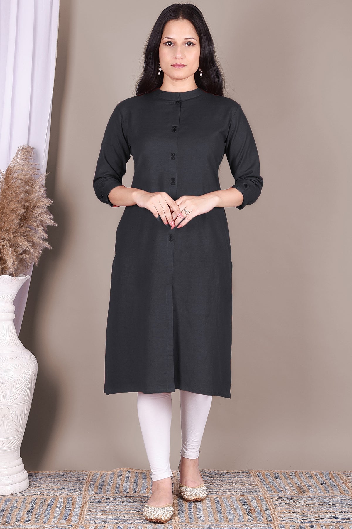 Charcoal Grey Solid Cotton Kurta With Pockets - DWEEP SARA