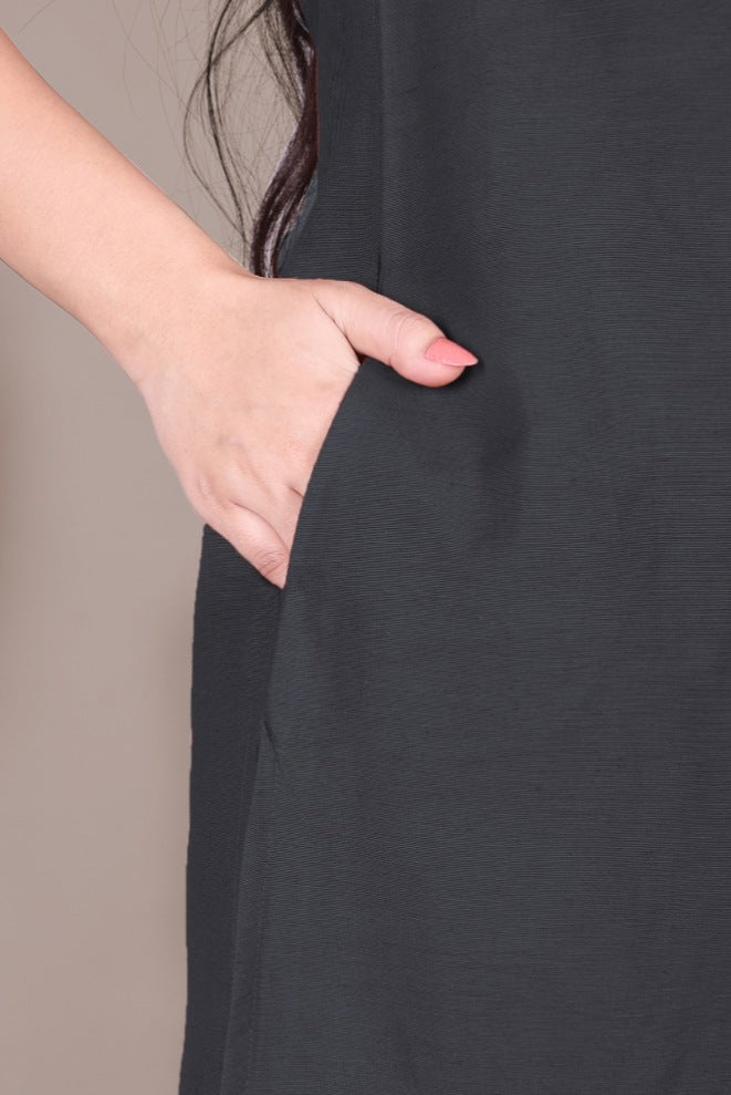 Charcoal Grey Solid Cotton Kurta With Pockets - DWEEP SARA