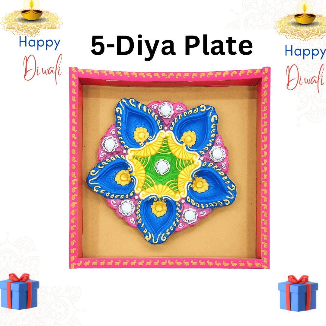 Decorative Hand - Painted 5 - Diya Plate for Diwali, Festivals & Home Décor – Traditional Clay Diya Set - DWEEP SARA