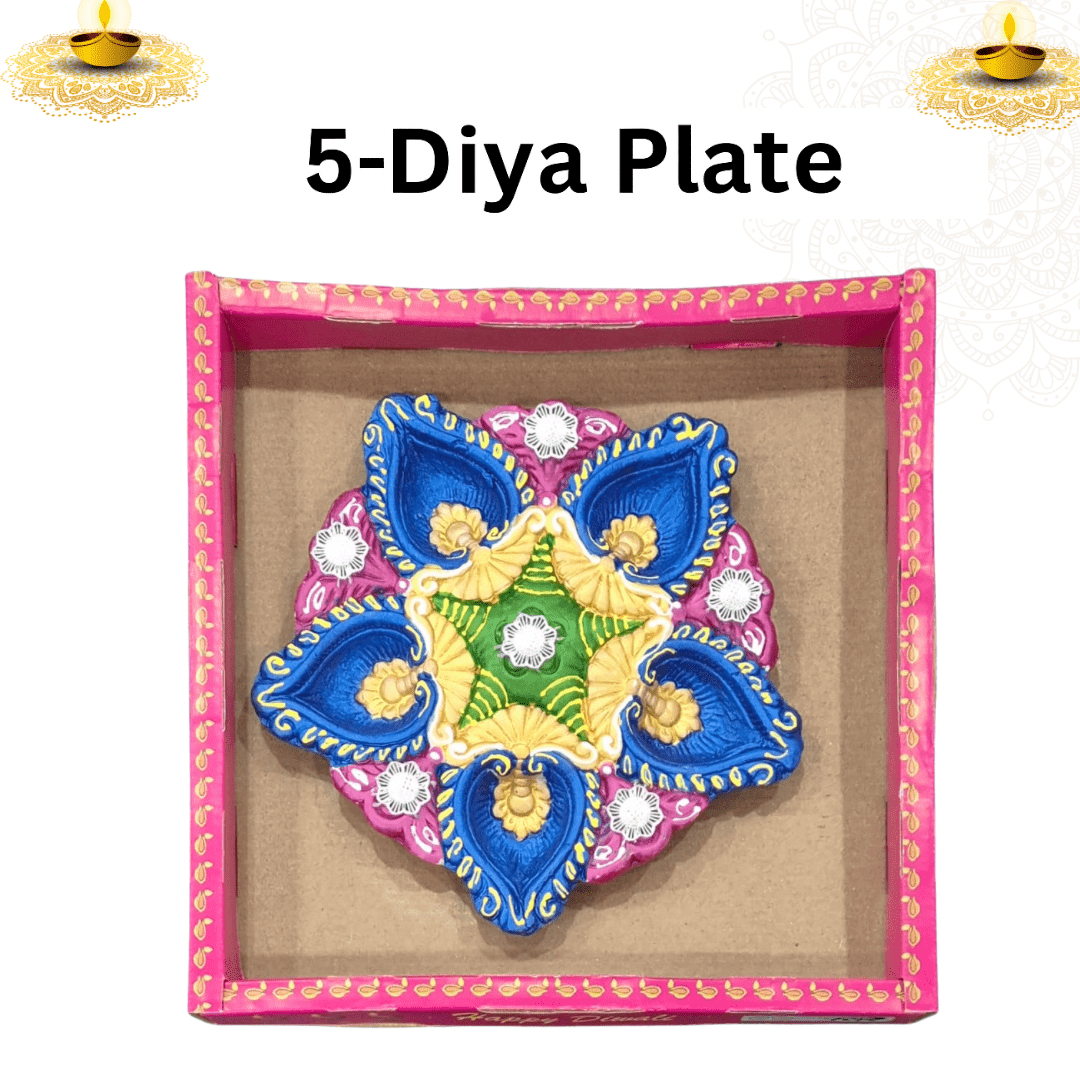 Decorative Hand - Painted 5 - Diya Plate for Diwali, Festivals & Home Décor – Traditional Clay Diya Set - DWEEP SARA