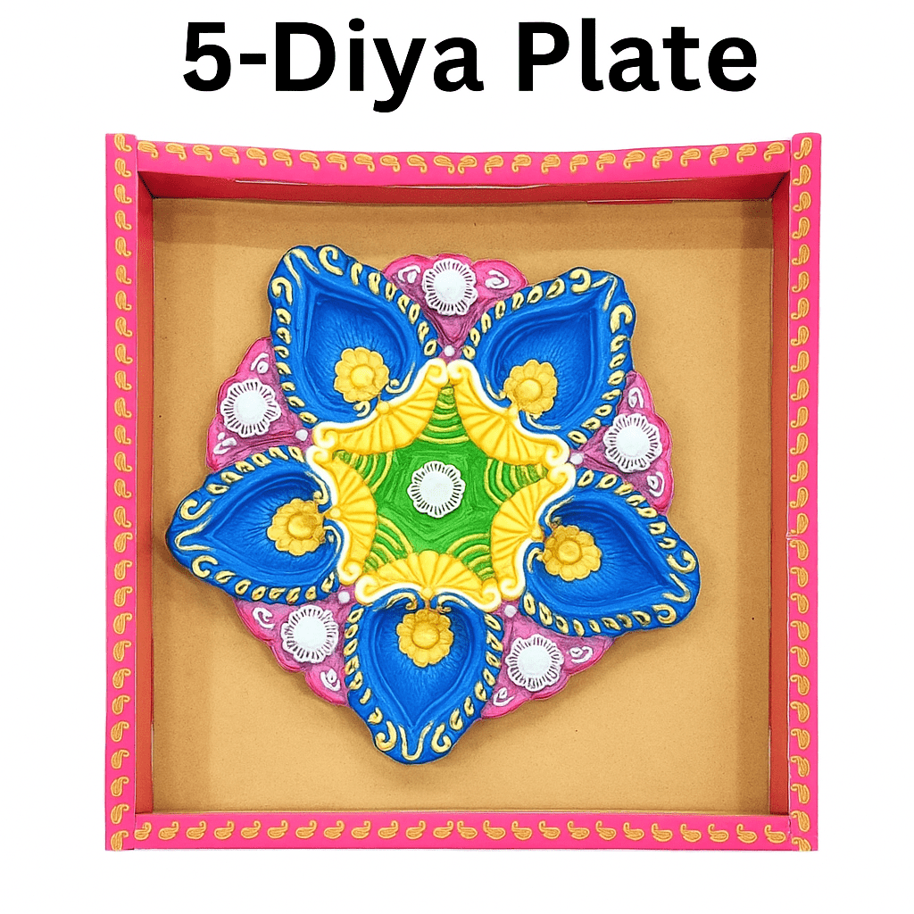 Decorative Hand - Painted 5 - Diya Plate for Diwali, Festivals & Home Décor – Traditional Clay Diya Set - DWEEP SARA