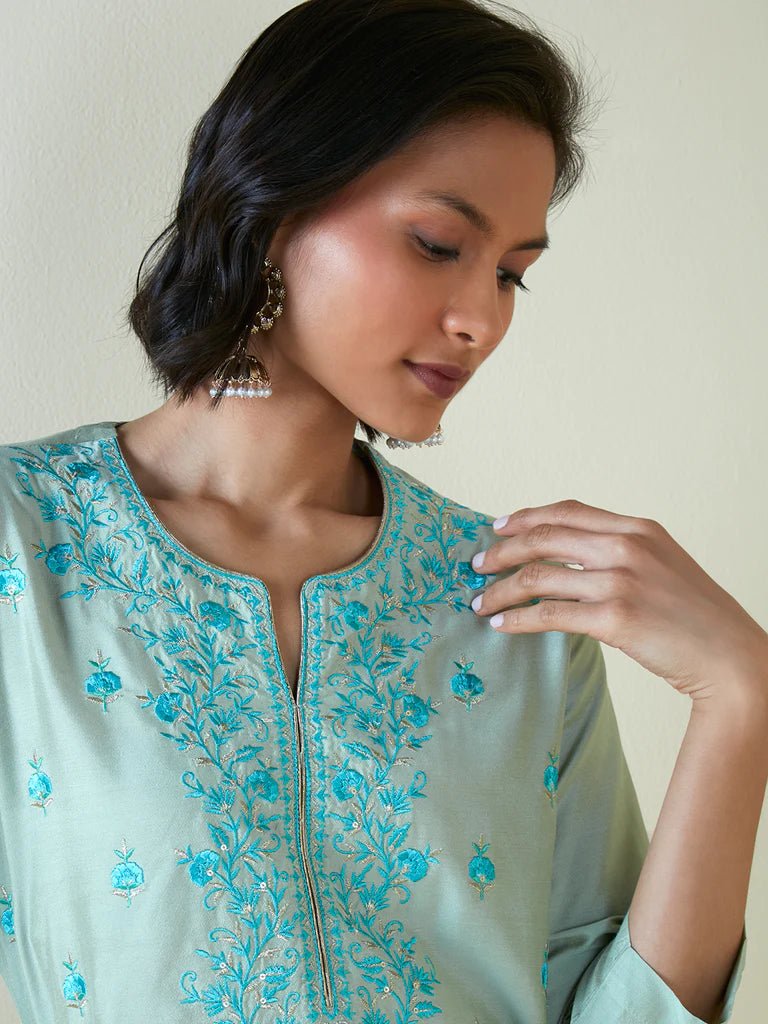 Dweep Sara Blue Embroidered Kurta Pant Set - DWEEP SARA