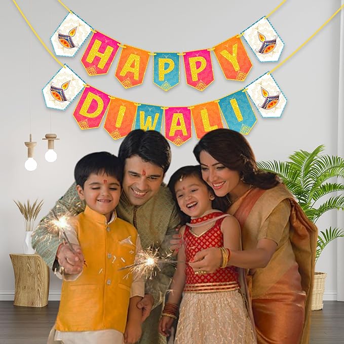 Dweep Sara Diwali Decoration Bunting Banner, Happy Diwali Multi Color Background With Golden Gliter Font, Diwali Decoration Item, Diwali Décor Items - DWEEP SARA