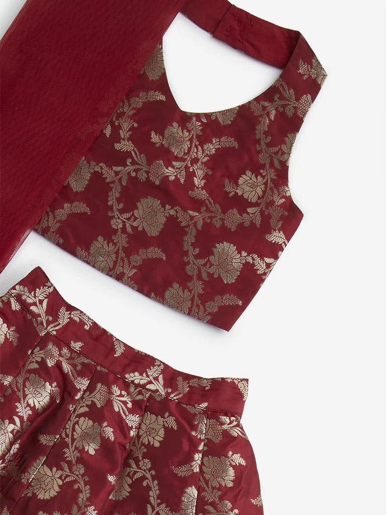 Dweep Sara Kids Girls Maroon Floral Design Ghagra, Choli and Dupatta Set (2 - 10 years) - DWEEP SARA