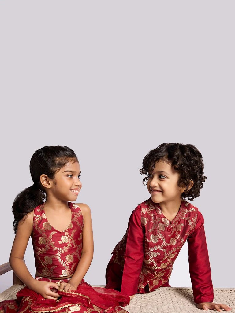 Dweep Sara Kids Girls Maroon Floral Design Ghagra, Choli and Dupatta Set (2 - 10 years) - DWEEP SARA