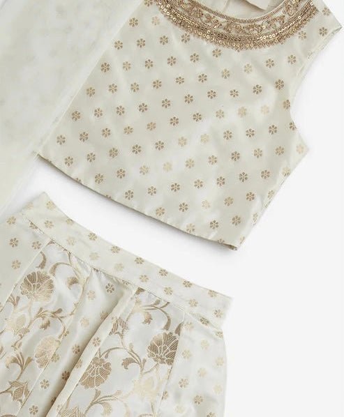 Dweep Sara Kids Ivory Floral Design Ghagra, Choli and Dupatta Set (2 - 10 years) - DWEEP SARA