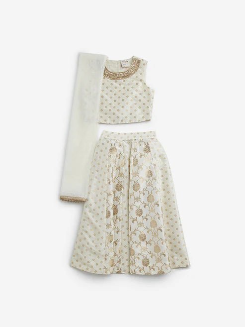 Dweep Sara Kids Ivory Floral Design Ghagra, Choli and Dupatta Set (2 - 10 years) - DWEEP SARA
