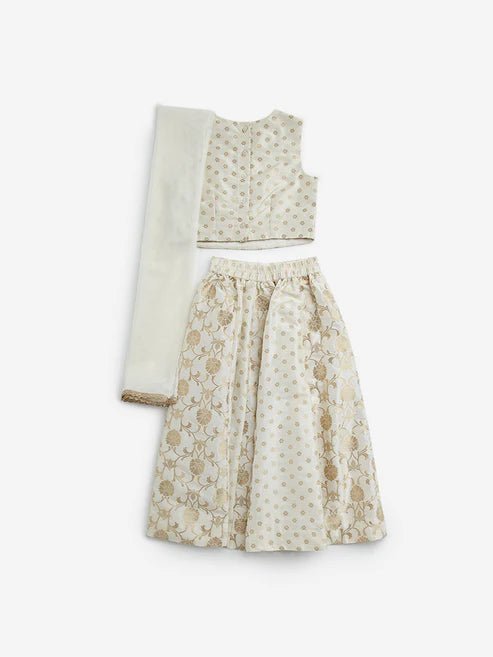 Dweep Sara Kids Ivory Floral Design Ghagra, Choli and Dupatta Set (2 - 10 years) - DWEEP SARA