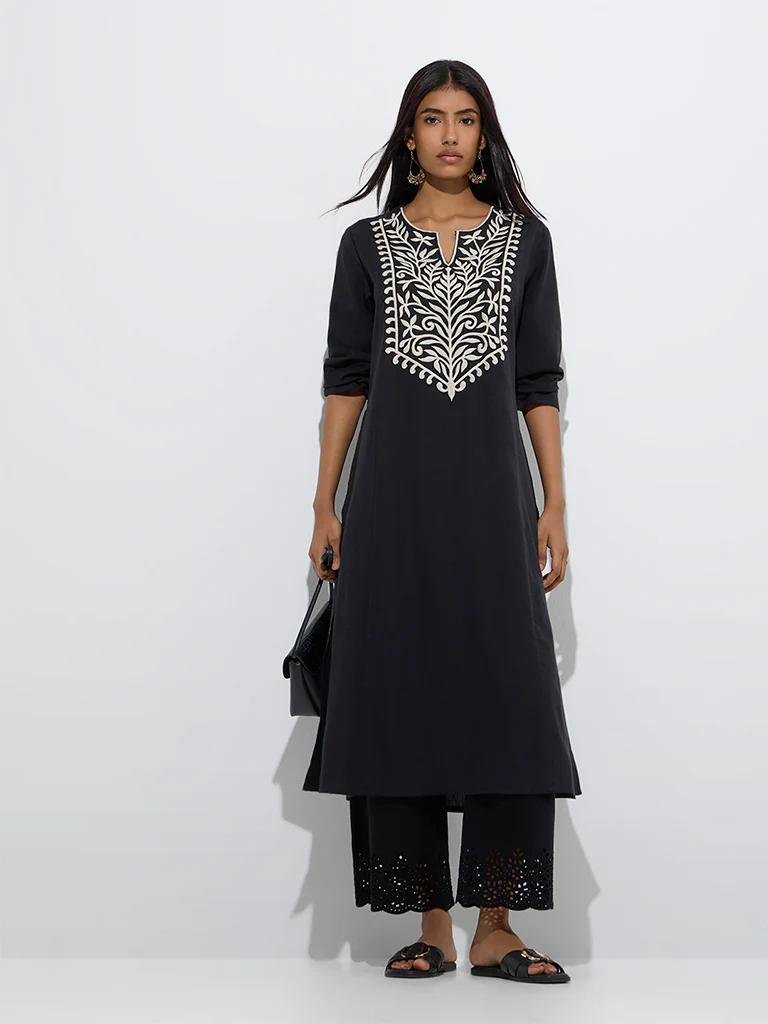 Elegant Black Embroidered Kurta With Pocket - DWEEP SARA