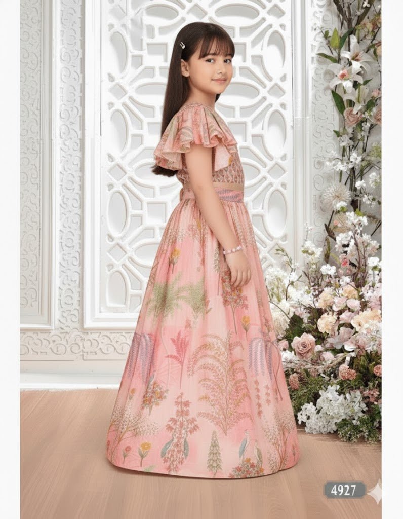 Elegant Peach Floral Printed Kids Lehenga Set - DWEEP SARA