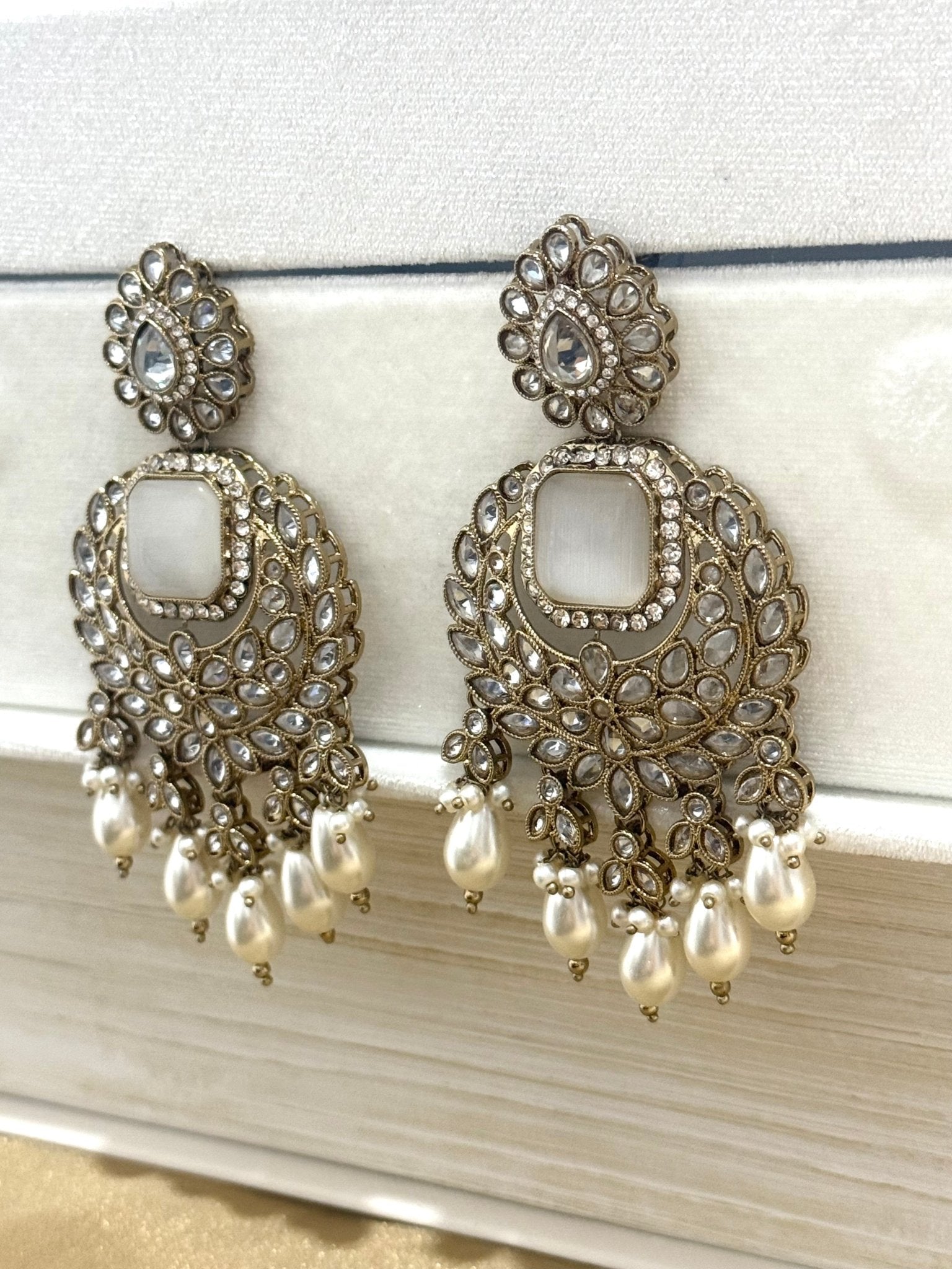 Elegant White Crystal Kundan Pearl Earrings - DWEEP SARA