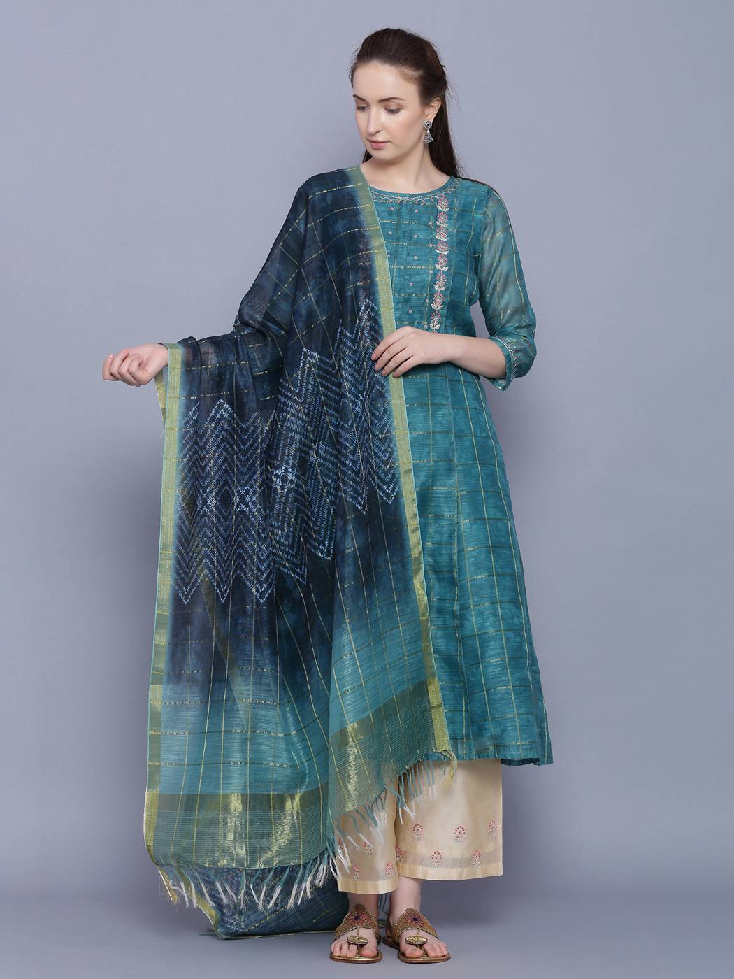 Green Abstract Chanderi Silk Suit Set - DWEEP SARA