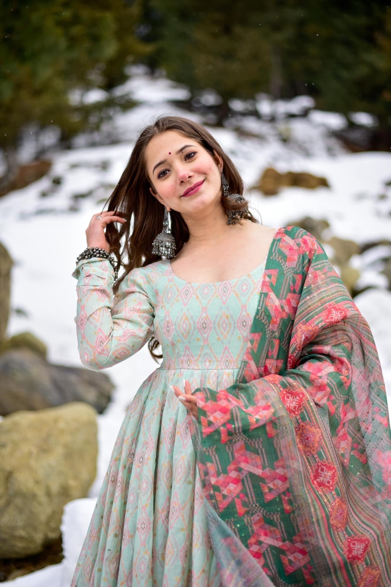 Green Flared Suit Set With Chanderi Dupatta - DWEEP SARA