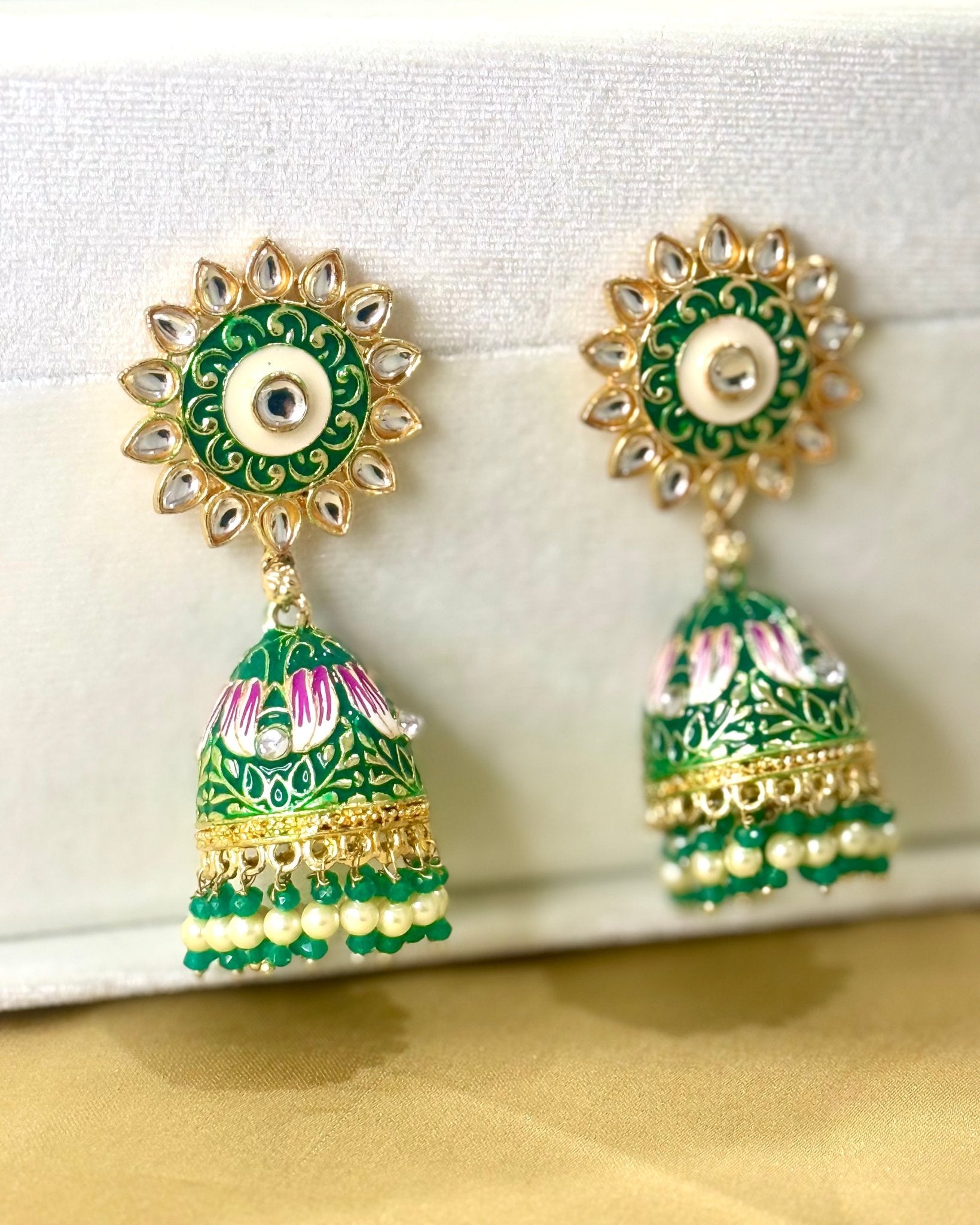 Green Hand painted Kundan Earrings - DWEEP SARA
