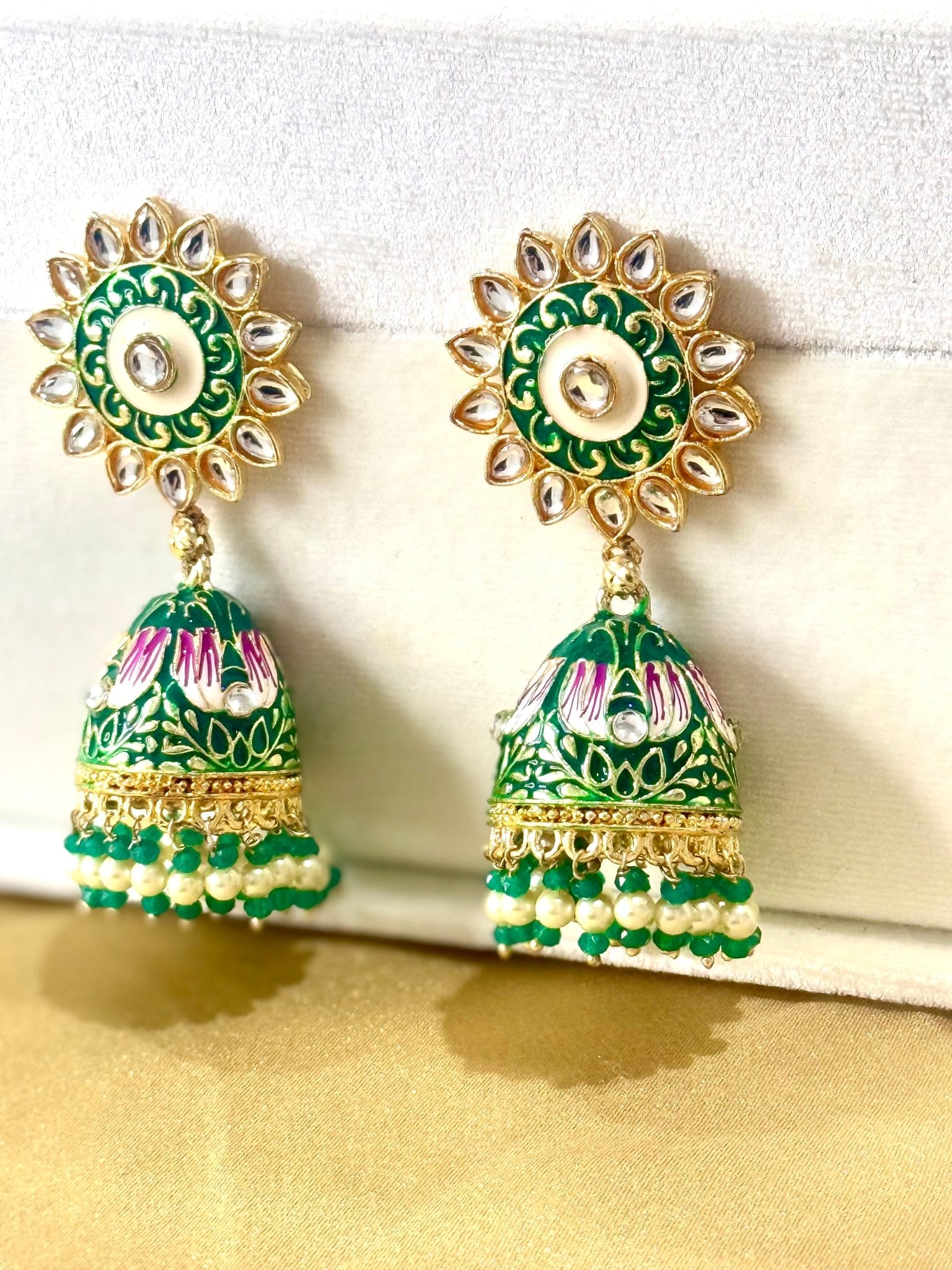 Green Hand painted Kundan Earrings - DWEEP SARA