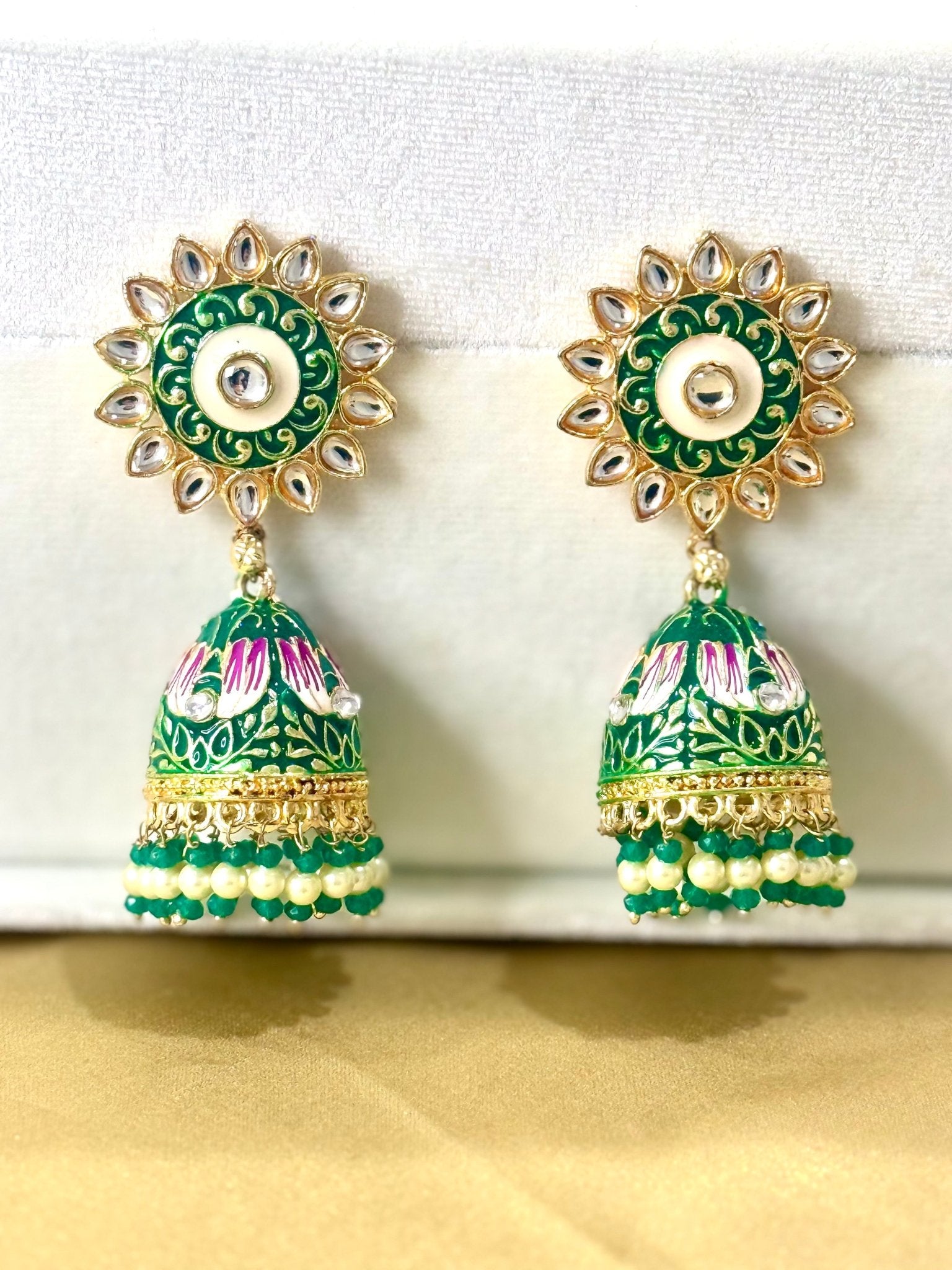 Green Hand painted Kundan Earrings - DWEEP SARA
