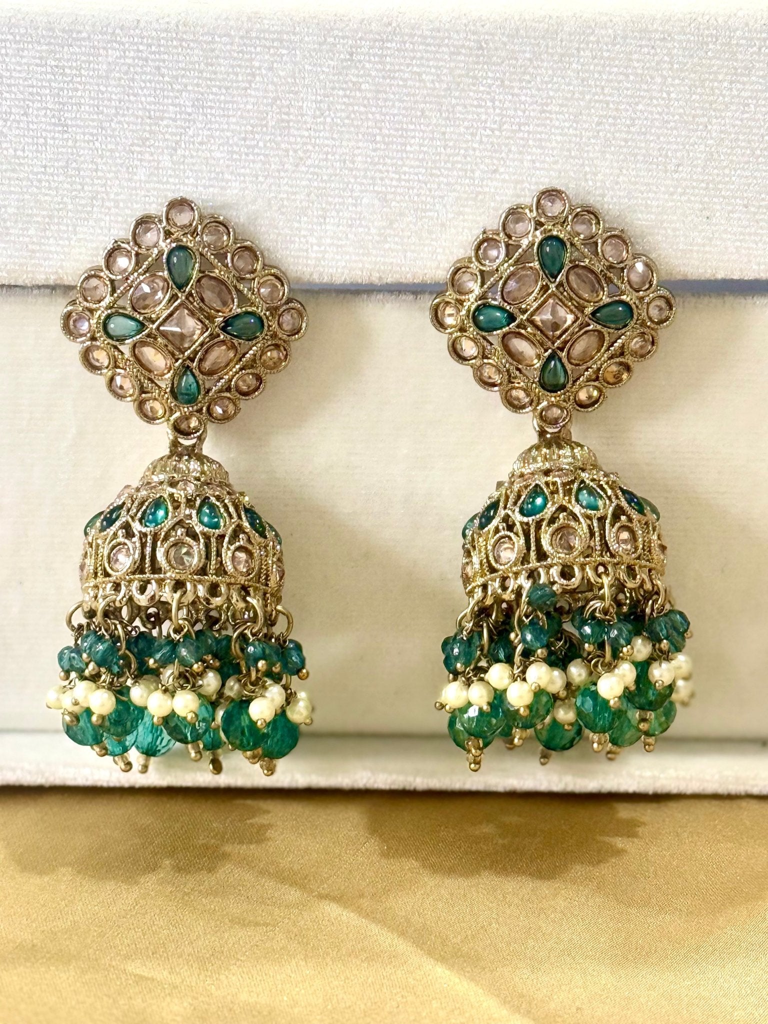 Green Kundan Jhumki Earrings - DWEEP SARA
