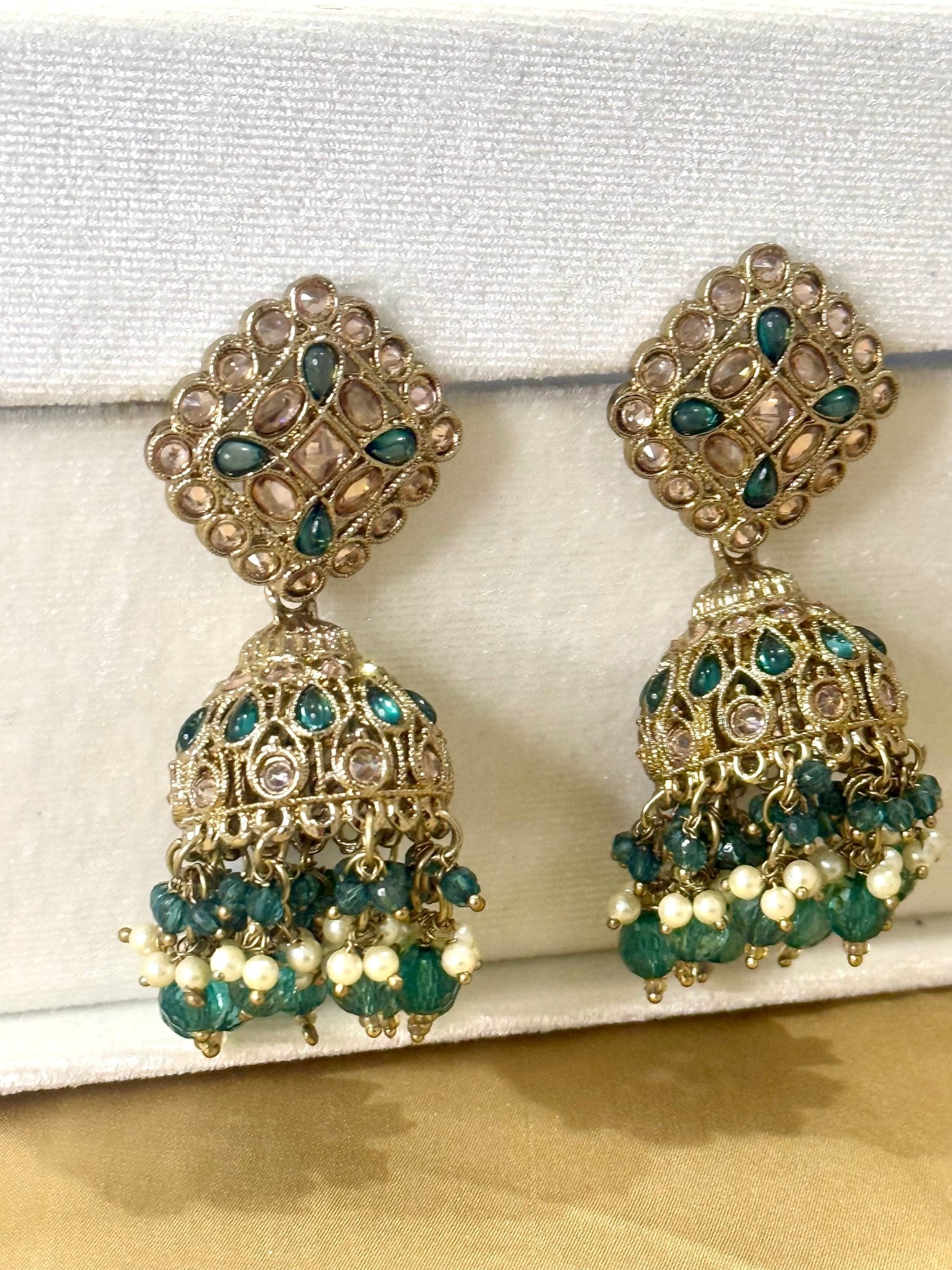 Green Kundan Jhumki Earrings - DWEEP SARA