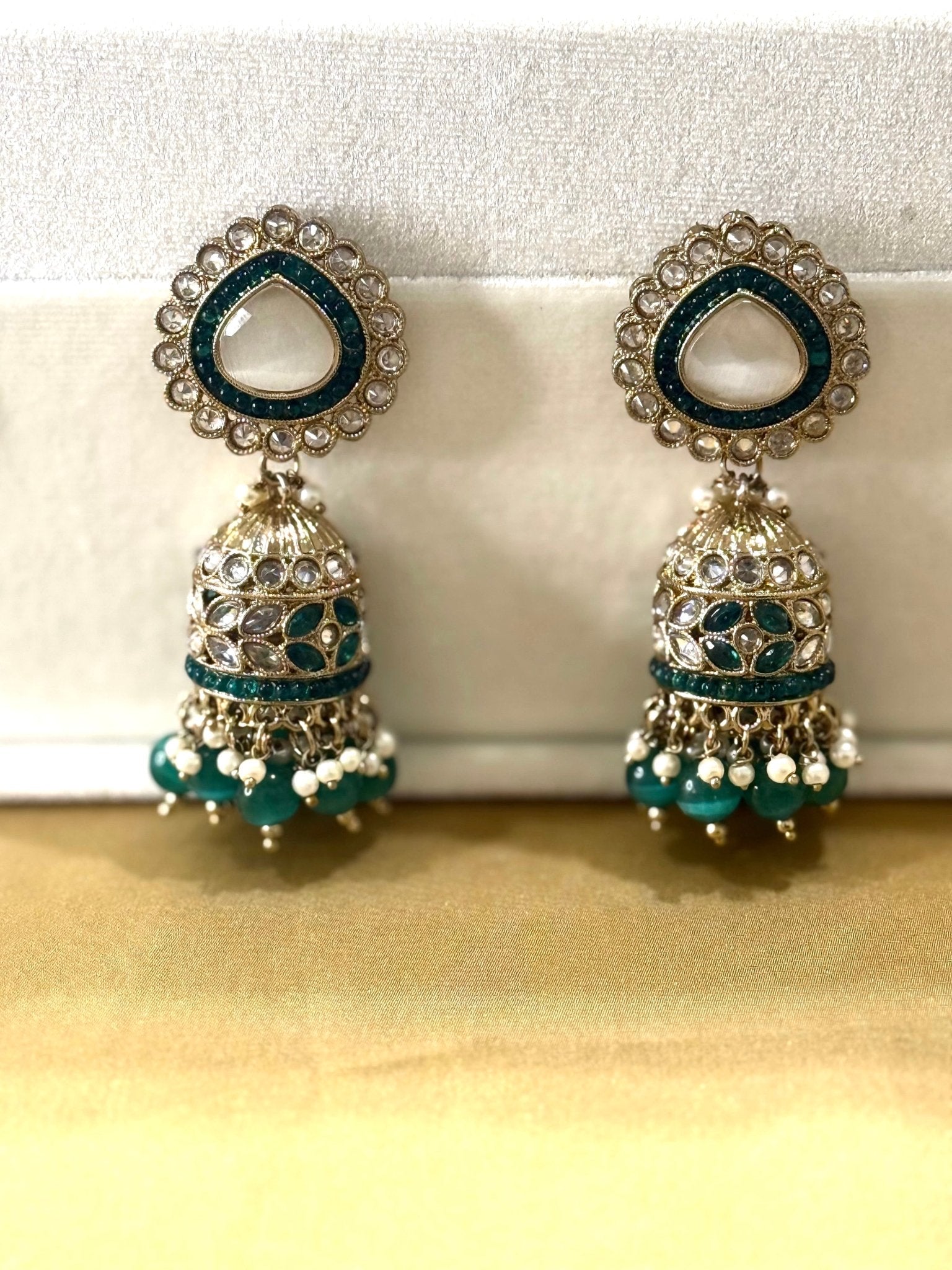 Green Kundan Pearl Stone Jhumki Earrings - DWEEP SARA