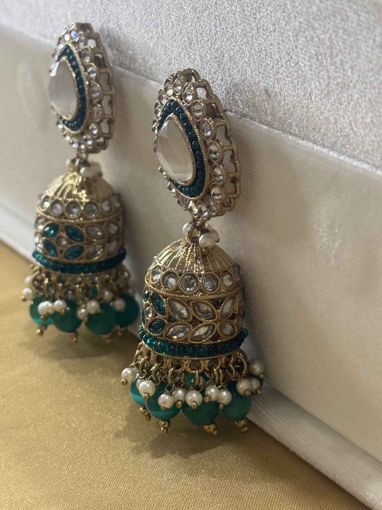 Green Kundan Pearl Stone Jhumki Earrings - DWEEP SARA