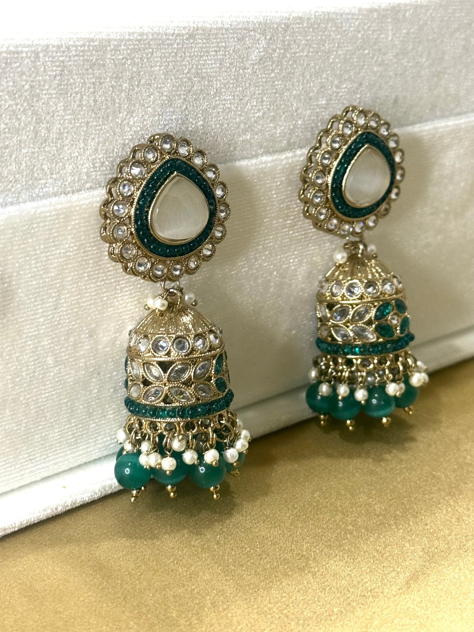 Green Kundan Pearl Stone Jhumki Earrings - DWEEP SARA