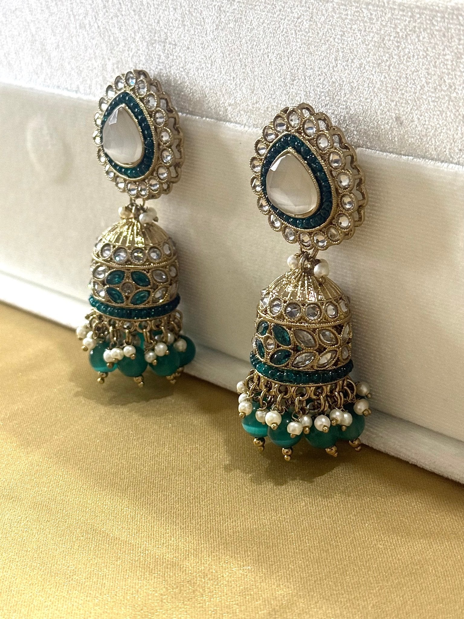 Green Kundan Pearl Stone Jhumki Earrings - DWEEP SARA
