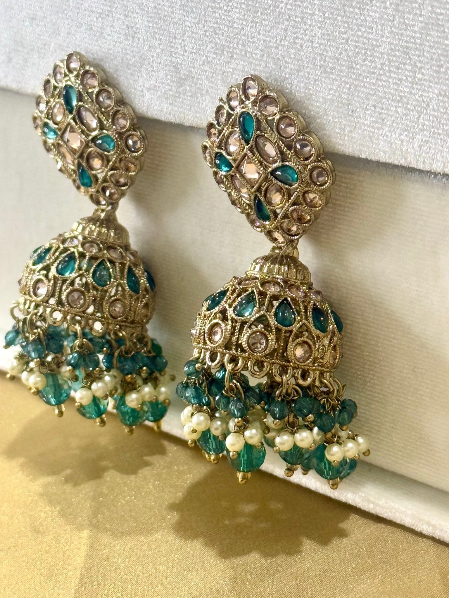 Green Kundan Stone Jhumki Earrings - DWEEP SARA
