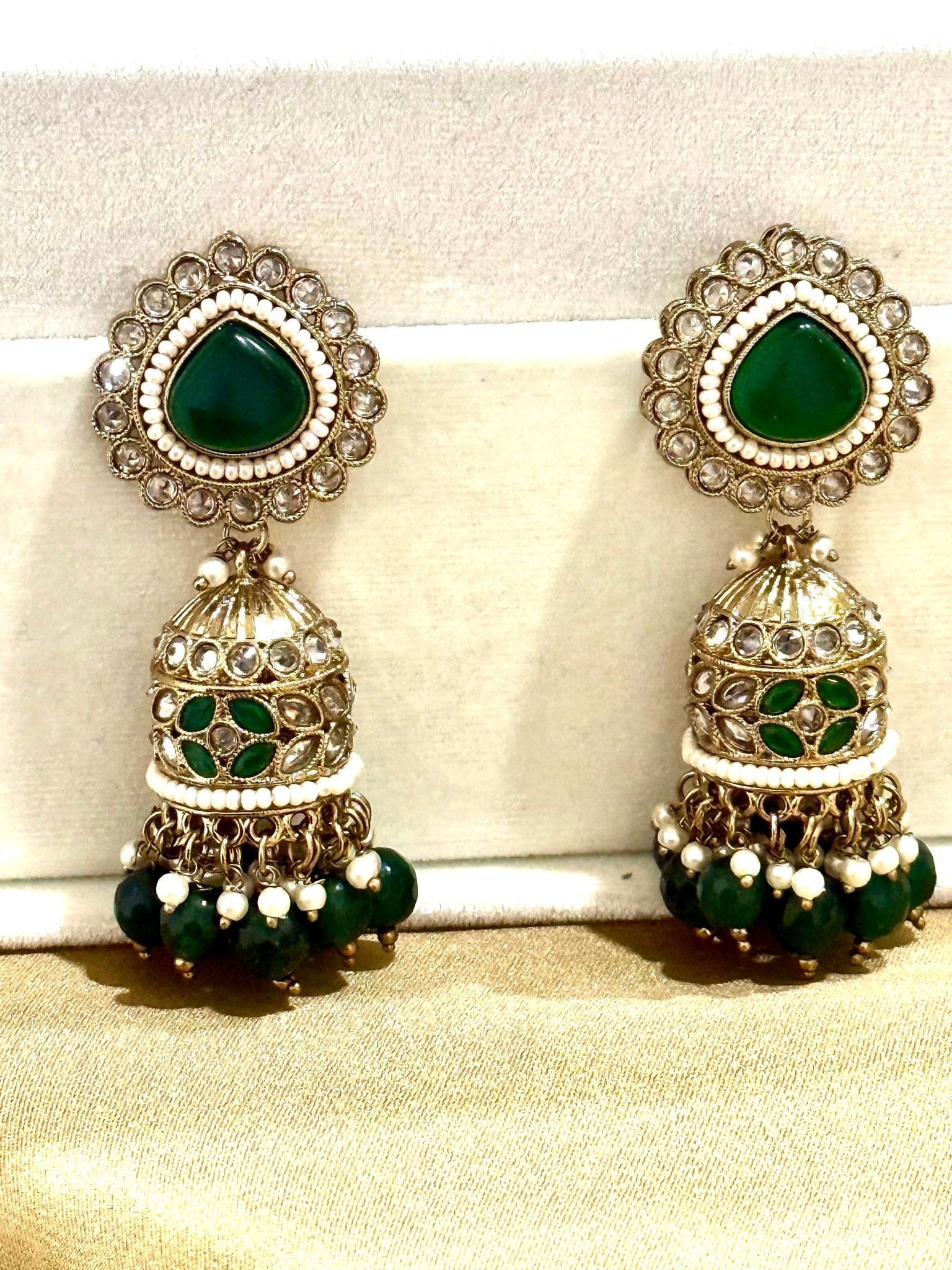 Green Kundan Stone Pearl Jhumki Earrings - DWEEP SARA
