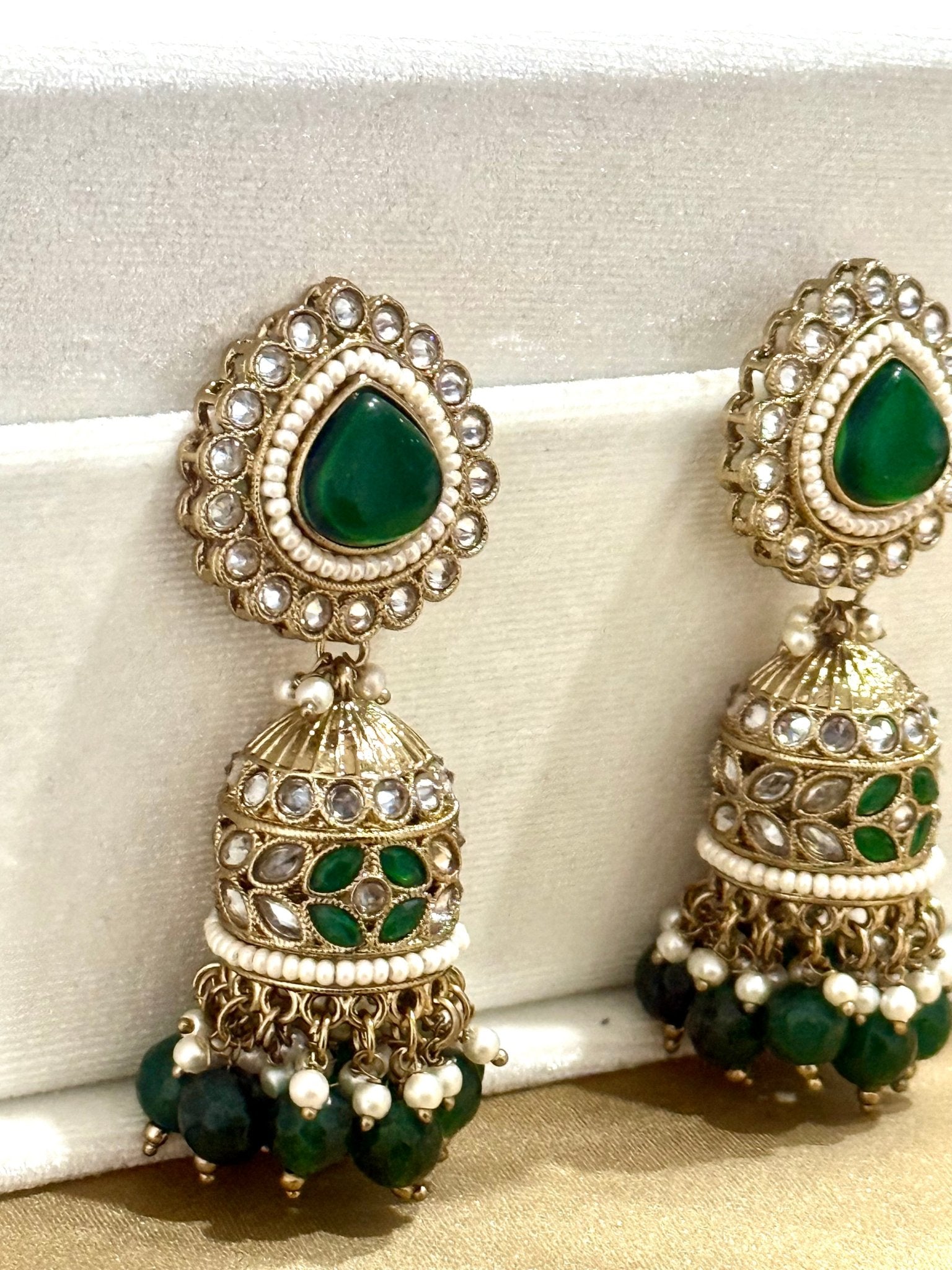 Green Kundan Stone Pearl Jhumki Earrings - DWEEP SARA