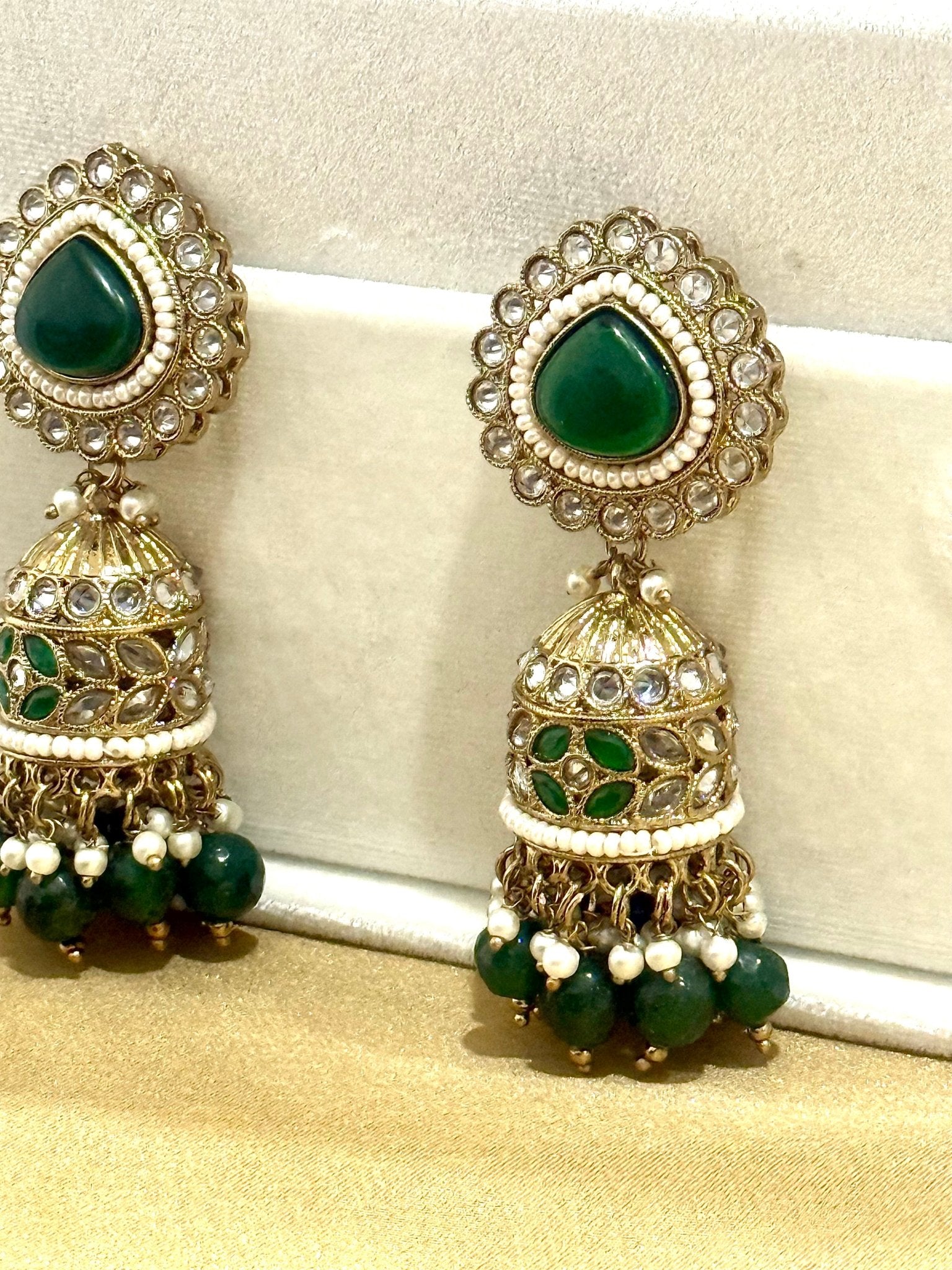 Green Kundan Stone Pearl Jhumki Earrings - DWEEP SARA