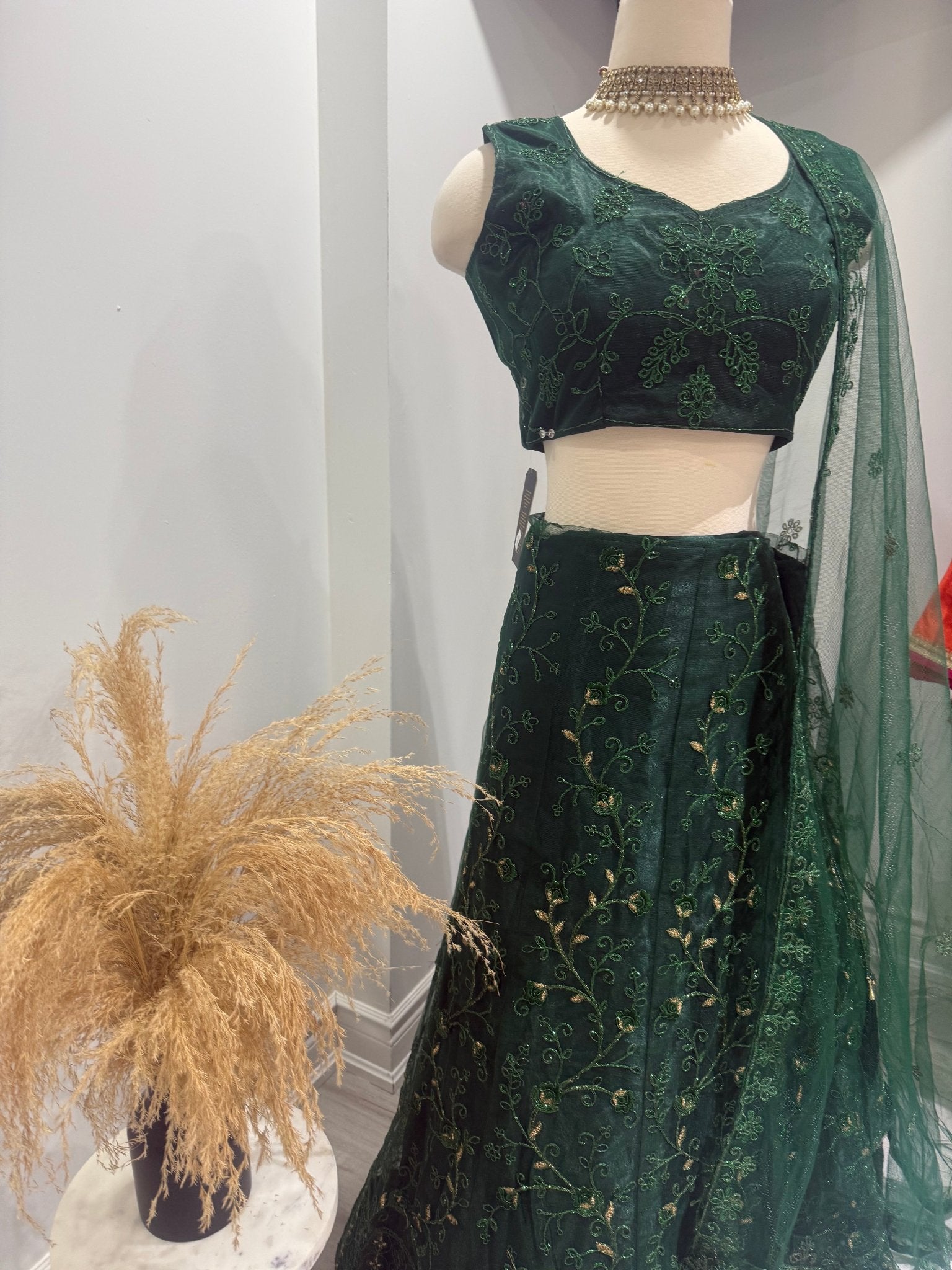 Green Thread Embroidered Net Lehenga Set - DWEEP SARA