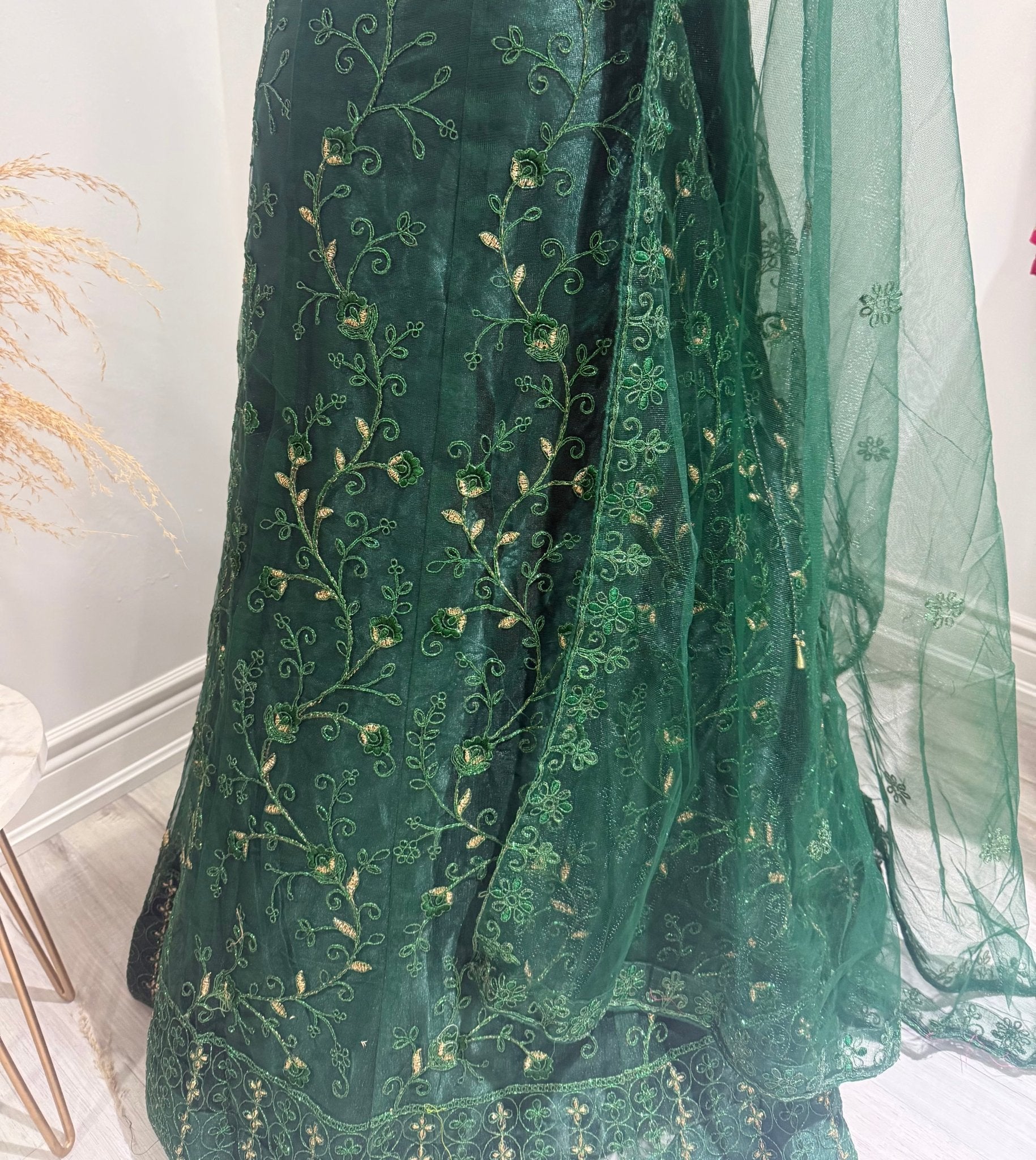 Green Thread Embroidered Net Lehenga Set - DWEEP SARA