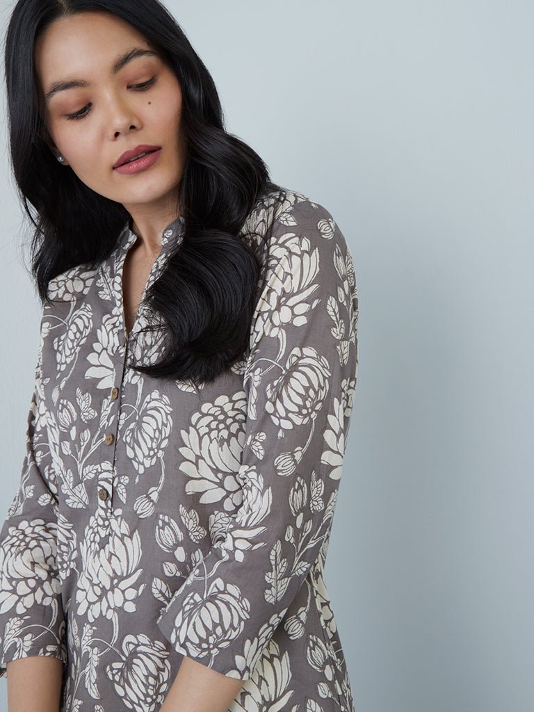 Grey Floral Designed Kurta - DWEEP SARA