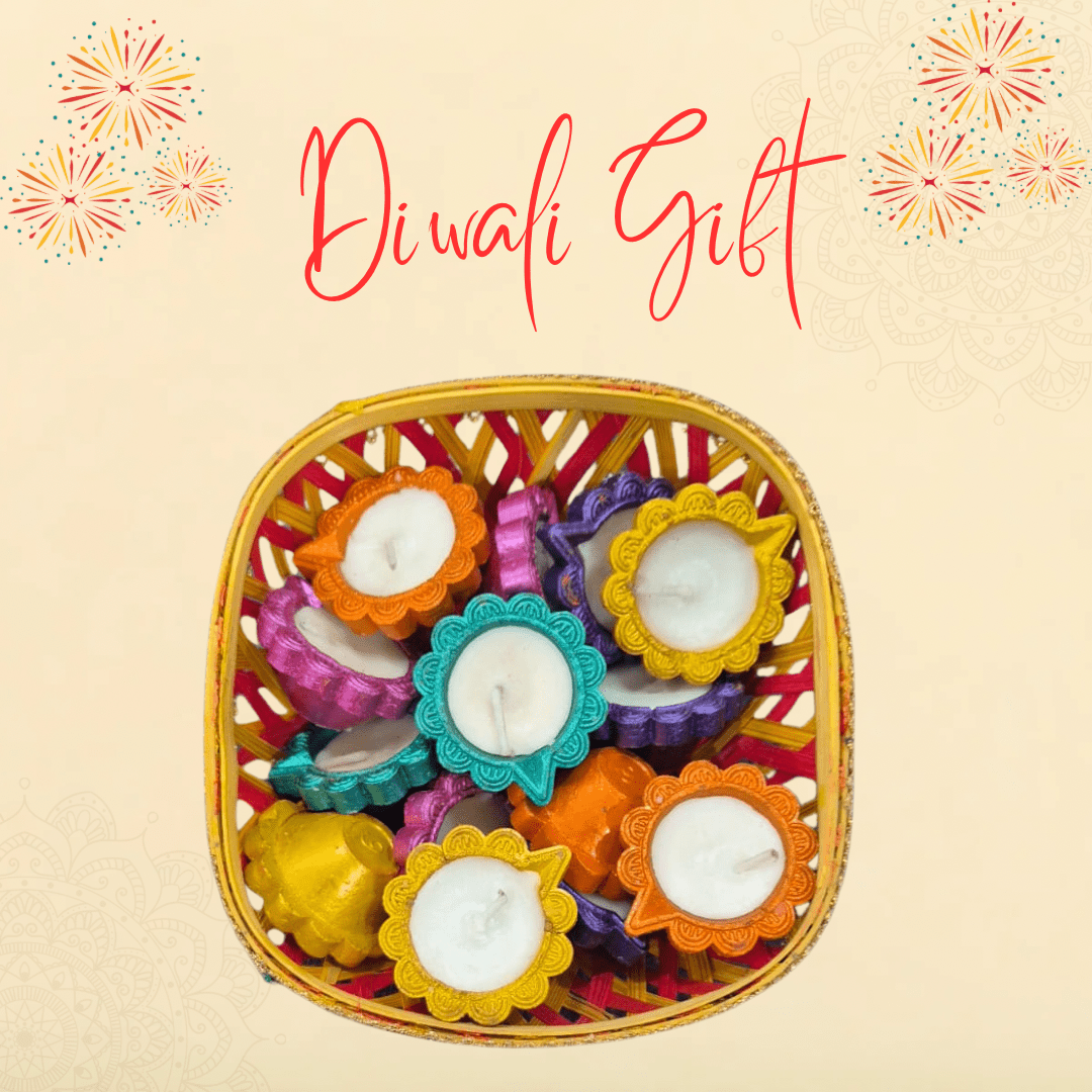 Handcrafted Decorative Diya Set Diwali Gift – 15 Colorful Wax - Filled Clay Diyas in Gift Basket – Perfect for Return Diwali Gift , Festive Decor & Gifting - DWEEP SARA