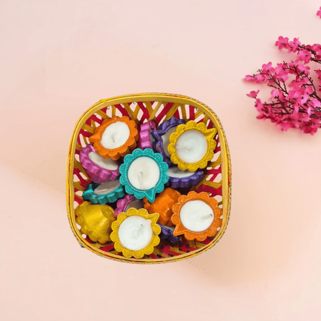 Handcrafted Decorative Diya Set Diwali Gift – 15 Colorful Wax - Filled Clay Diyas in Gift Basket – Perfect for Return Diwali Gift , Festive Decor & Gifting - DWEEP SARA