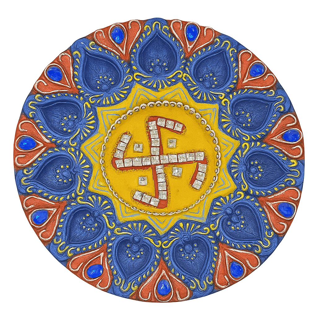 Handcrafted Decorative Pooja Thaali Chakra with 11 Diya | Swastik Design Rangoli Plate | Festival Decoration for Diwali, Navratri, Weddings & Pooja Rituals - DWEEP SARA