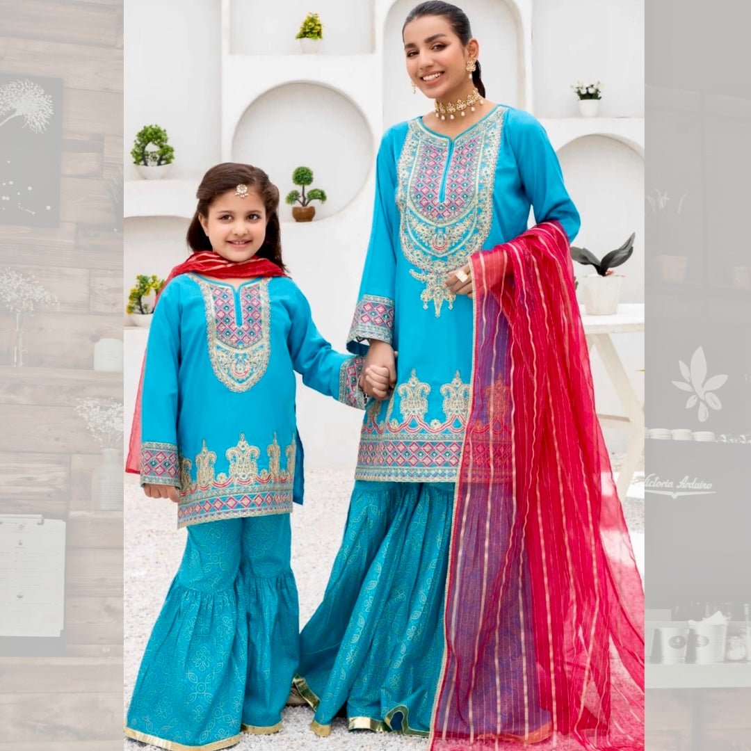 Ice Blue Embroidered Sharara Suit Set - DWEEP SARA